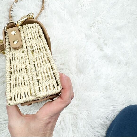 Like Dreams Skylar Taupe Vegan Leather Straw Crossbody Hand Bag - Picture 7 of 13